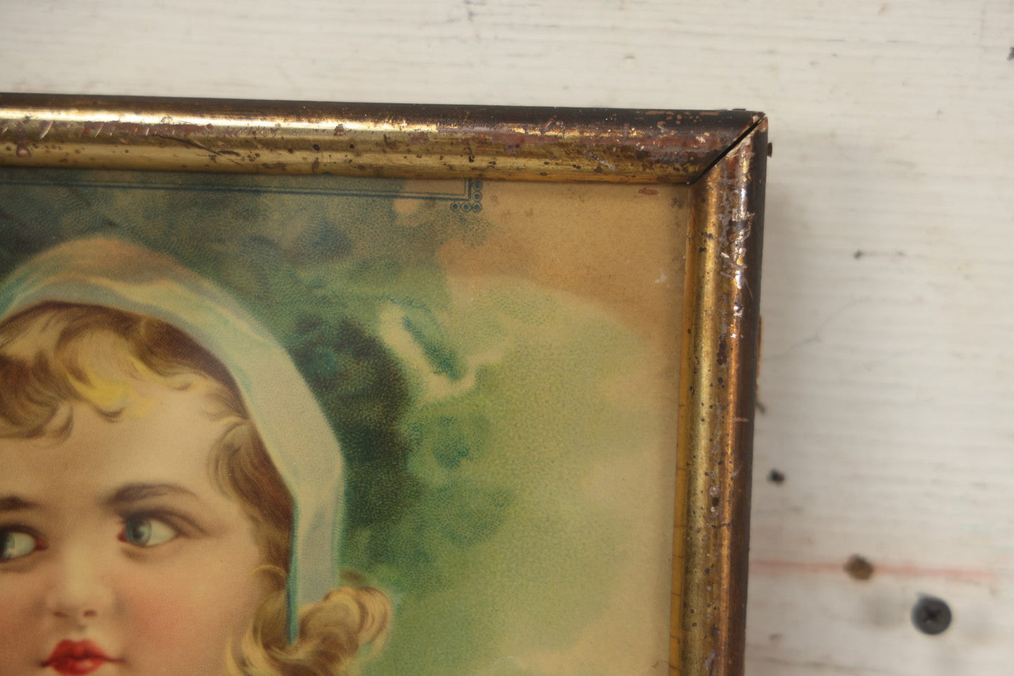 Lot 058 - Antique Chromolithograph Of Young Boy And Girl, Girl Holding Basket Of Cherries And Boy Sucking Thumb, Framed, 14-5/8" x 18-5/8"