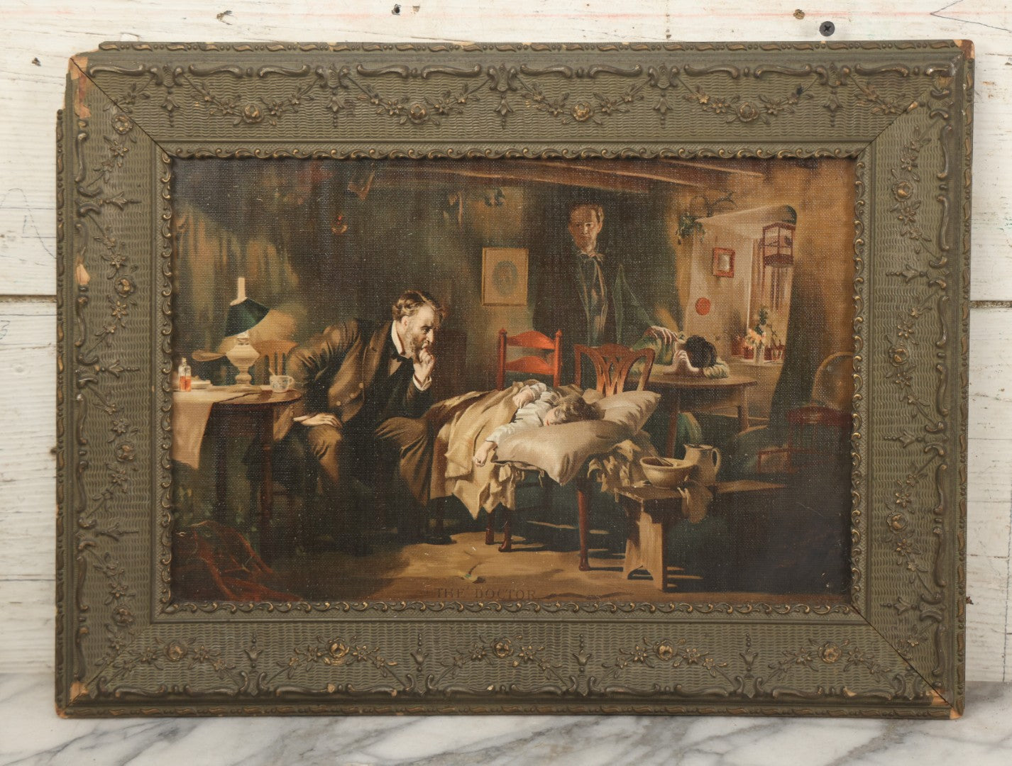 Lot 059 - Antique Print After "The Doctor" By Luke Fildes In Original Gesso Frame With Provenance On Verso, 19-3/8" x 14-3/8"
