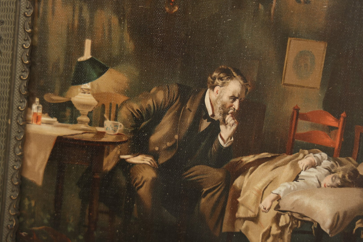 Lot 059 - Antique Print After "The Doctor" By Luke Fildes In Original Gesso Frame With Provenance On Verso, 19-3/8" x 14-3/8"