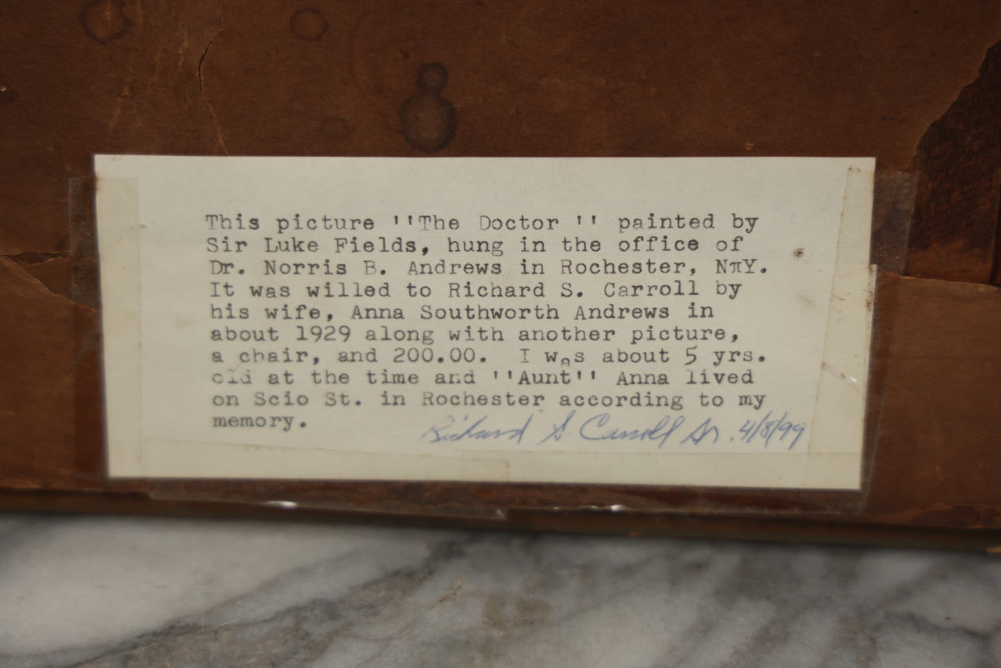Lot 059 - Antique Print After "The Doctor" By Luke Fildes In Original Gesso Frame With Provenance On Verso, 19-3/8" x 14-3/8"