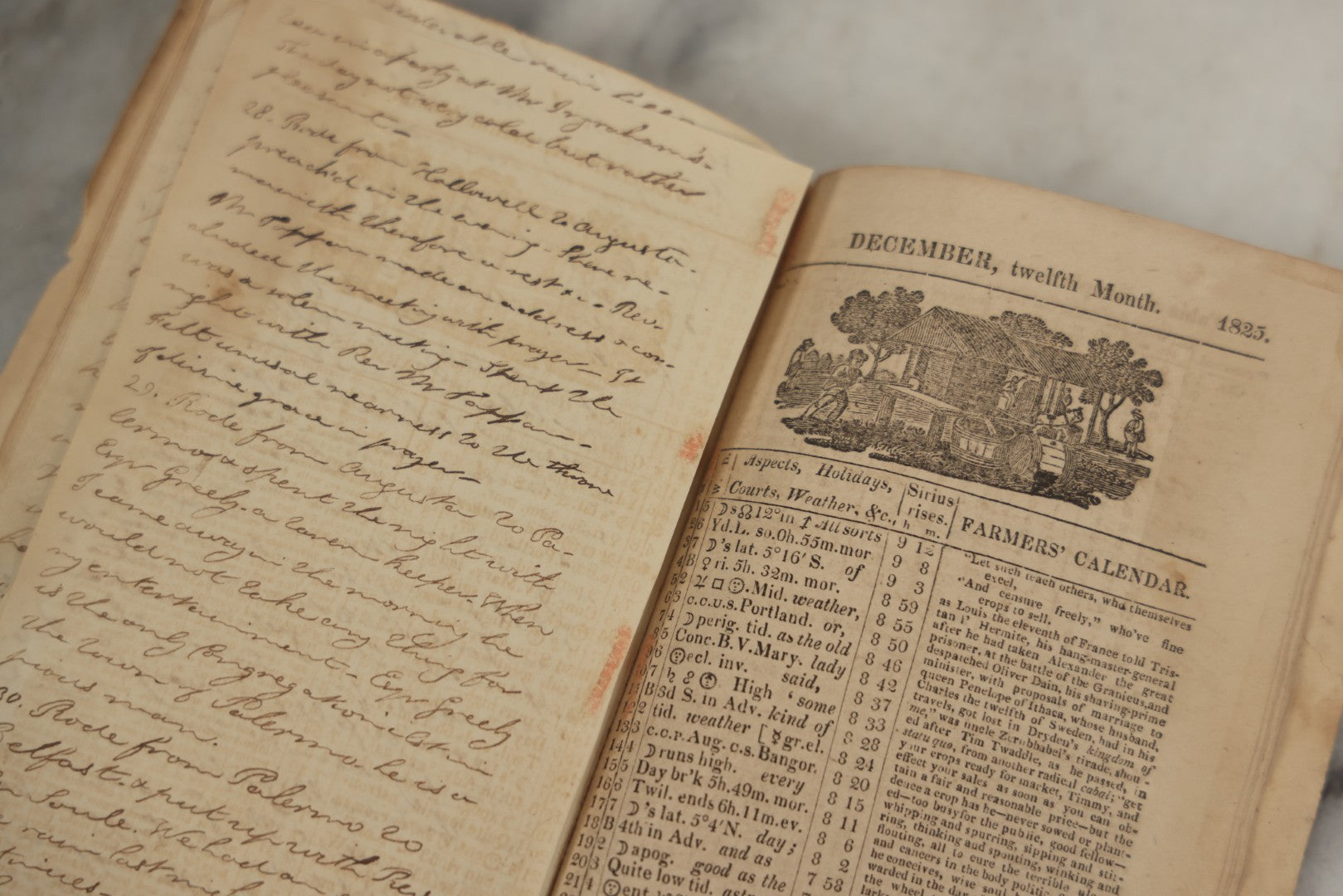 Lot 060 - Antique "Maine Farmer's Almanac" 1825, Published In Hallowell, With Extensive Handwritten Journal Entries By Reverend Joseph A. E. Long