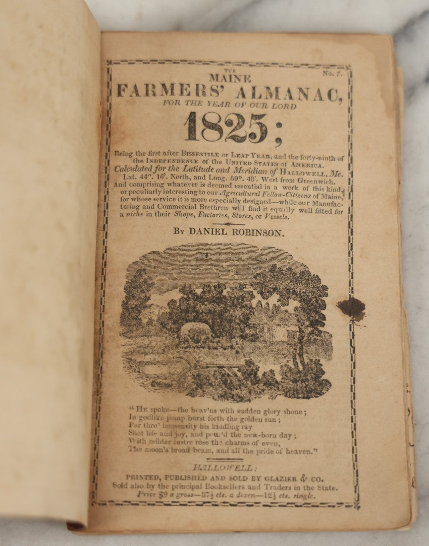 Lot 060 - Antique "Maine Farmer's Almanac" 1825, Published In Hallowell, With Extensive Handwritten Journal Entries By Reverend Joseph A. E. Long