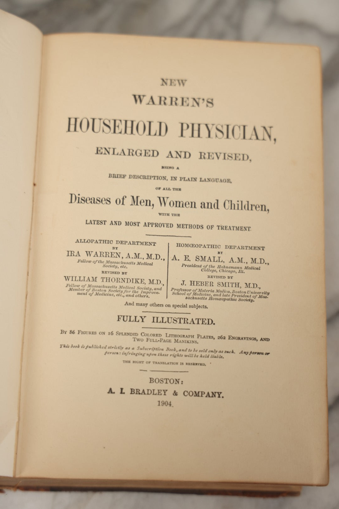Lot 062 - "New Warren's Household Physician" Illustrated Antique Medical Reference Book With Layered Sectional Manikin Anatomical Illustrations, Debossed Woman's Bust On Cover, Other Full Color Plates, Published By A.I. Bradley & Company, Boston, 1904
