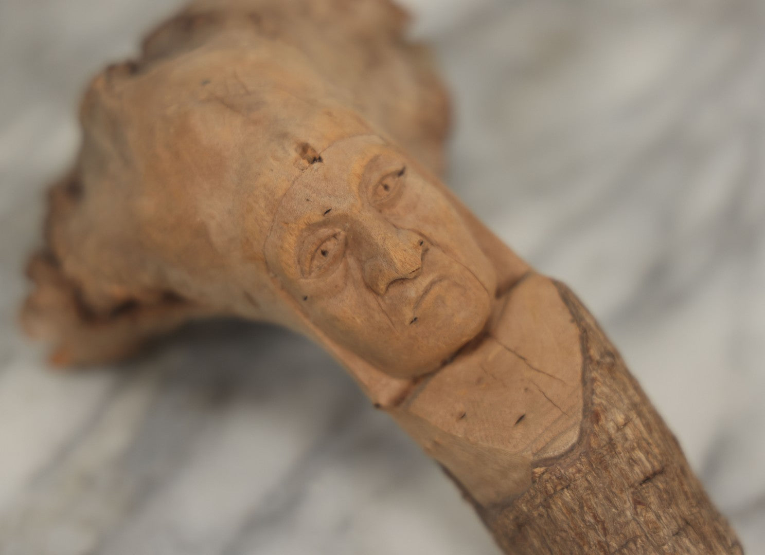 Lot 064 - Vintage Folk Art Carved Driftwood Branch Depicting Frowning, Stoic Native American Man, Shorter Branch