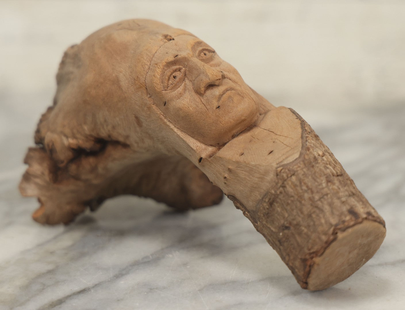 Lot 064 - Vintage Folk Art Carved Driftwood Branch Depicting Frowning, Stoic Native American Man, Shorter Branch