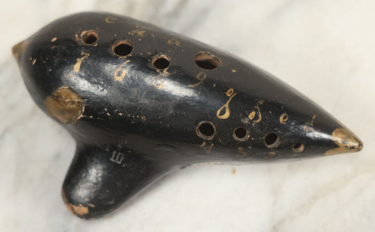 Lot 066 - Vintage Black Lacquered Clay Ocarina Wind Instrument, Made In Vienna, Austria, With Gold Painted Details, Stamped Maker's Mark