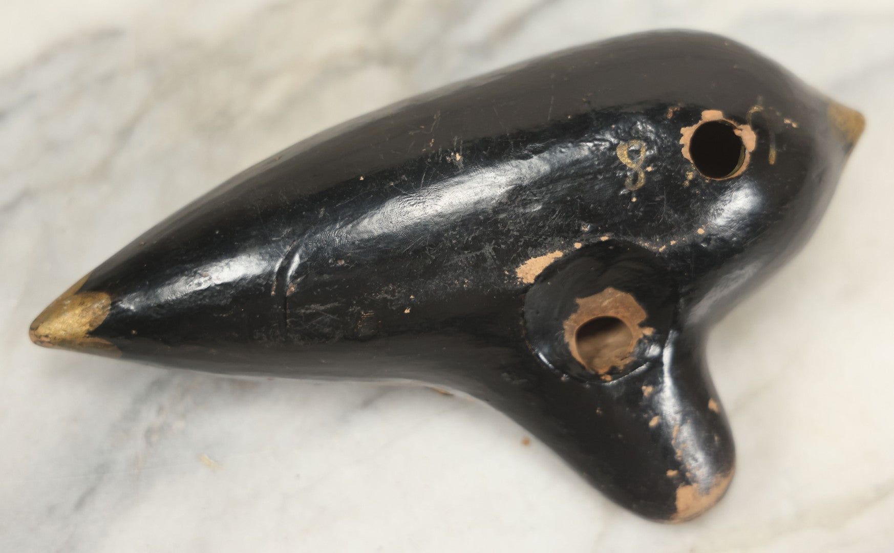 Lot 066 - Vintage Black Lacquered Clay Ocarina Wind Instrument, Made In Vienna, Austria, With Gold Painted Details, Stamped Maker's Mark