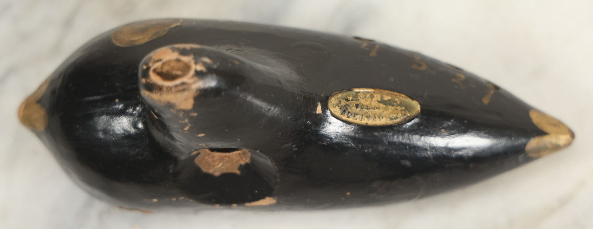 Lot 066 - Vintage Black Lacquered Clay Ocarina Wind Instrument, Made In Vienna, Austria, With Gold Painted Details, Stamped Maker's Mark
