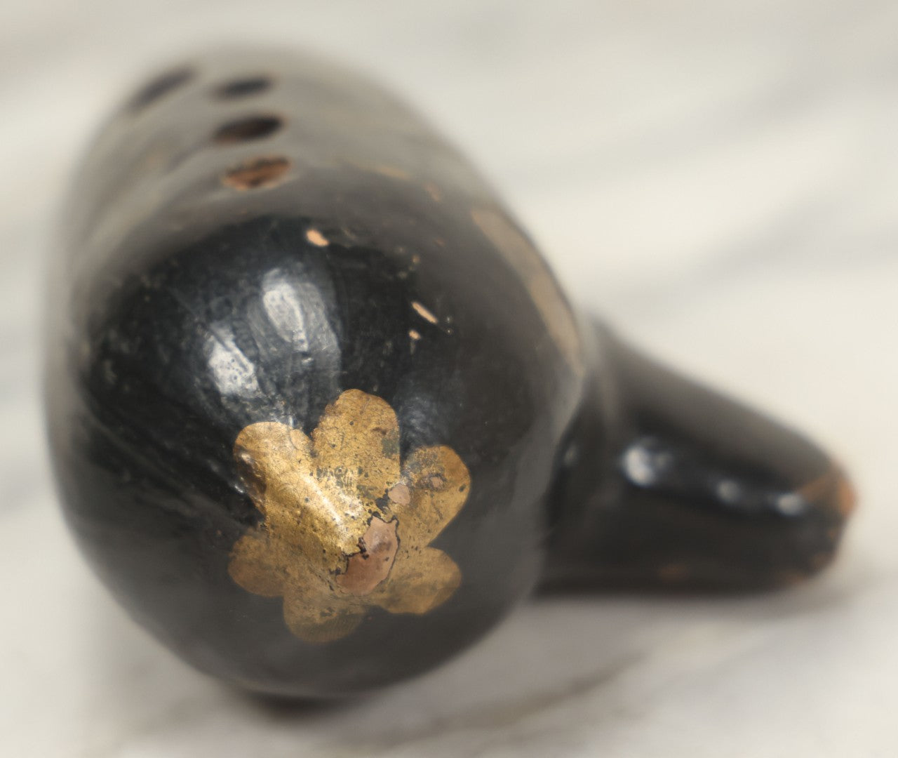 Lot 066 - Vintage Black Lacquered Clay Ocarina Wind Instrument, Made In Vienna, Austria, With Gold Painted Details, Stamped Maker's Mark