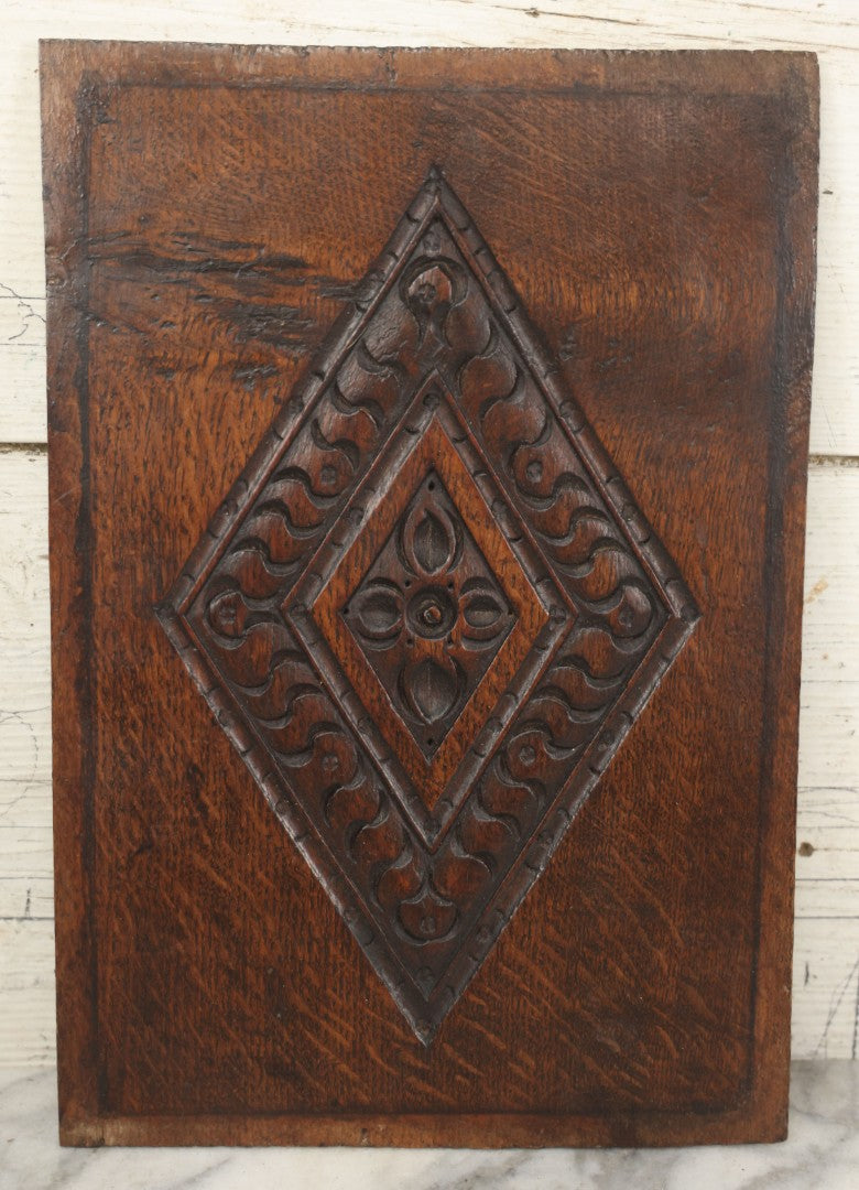 Lot 067 - Antique Carved Wooden Furniture Panel, Salvaged Fragment, With Diamond Design, 9-3/8" x 13-3/4"