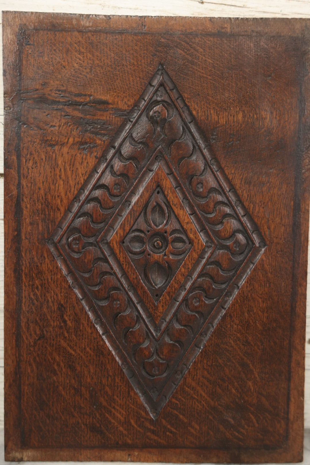 Lot 067 - Antique Carved Wooden Furniture Panel, Salvaged Fragment, With Diamond Design, 9-3/8" x 13-3/4"