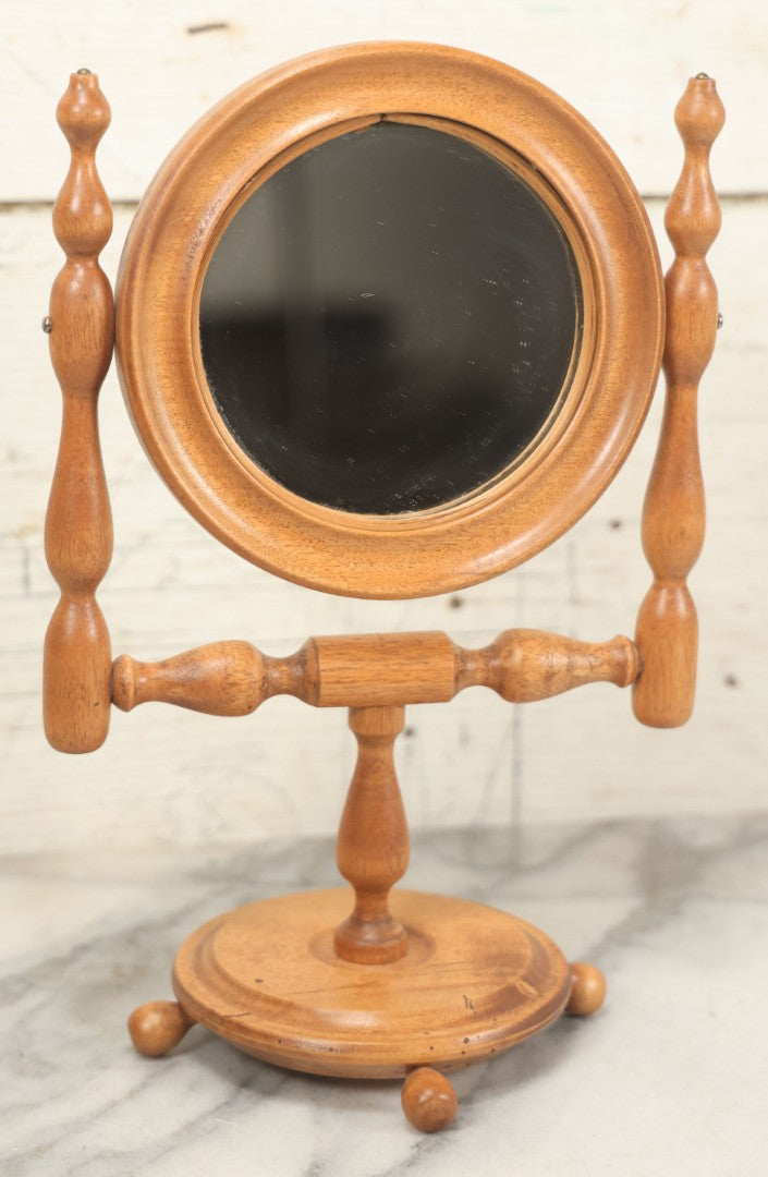 Lot 068 - Vintage Reproduction Wooden Shaving Mirror With Turned Details, "Exact Reproduction Of An Antique Mirror," Made By Mitton Baecheller, Jr., Circa 1984