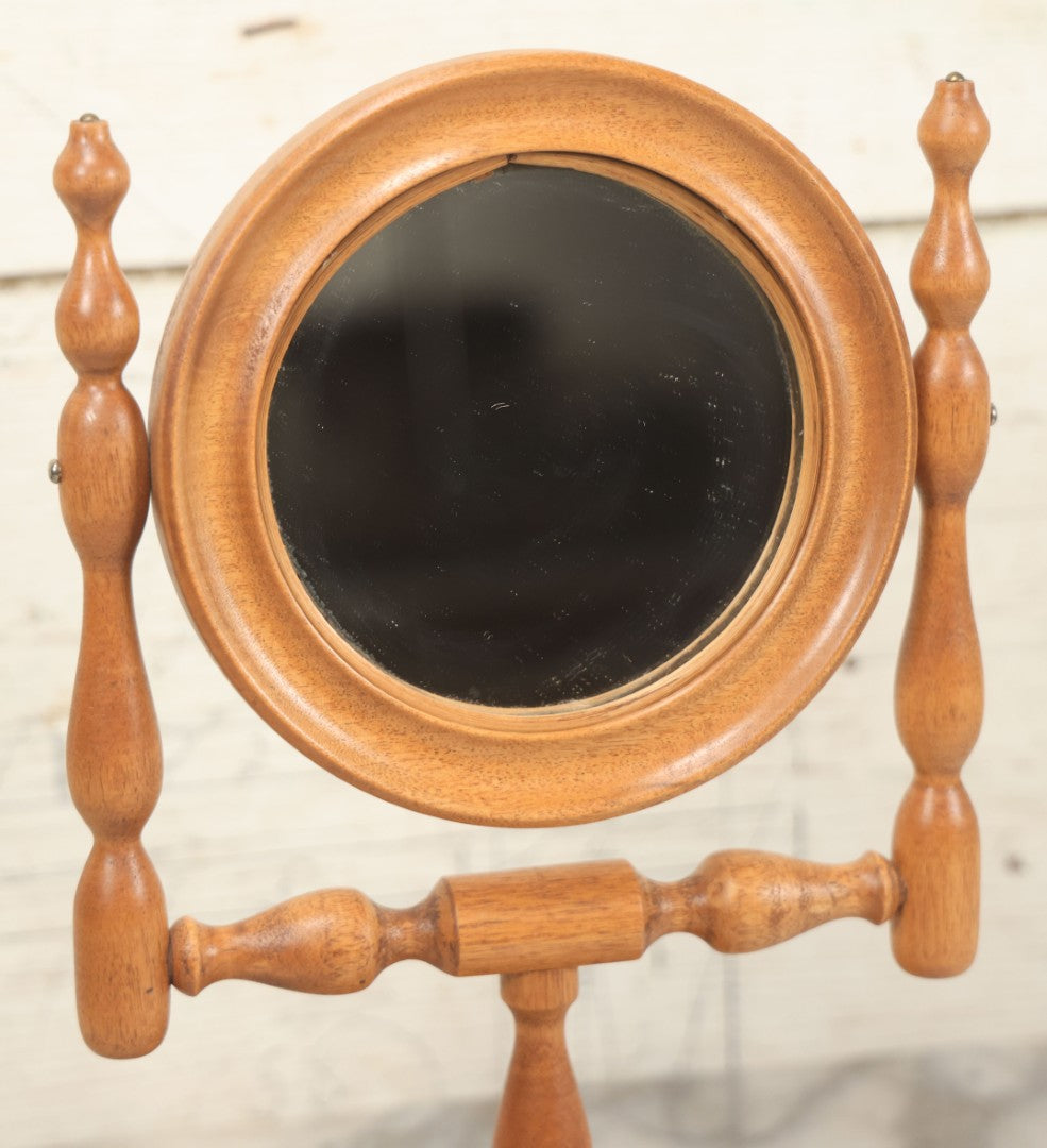 Lot 068 - Vintage Reproduction Wooden Shaving Mirror With Turned Details, "Exact Reproduction Of An Antique Mirror," Made By Mitton Baecheller, Jr., Circa 1984