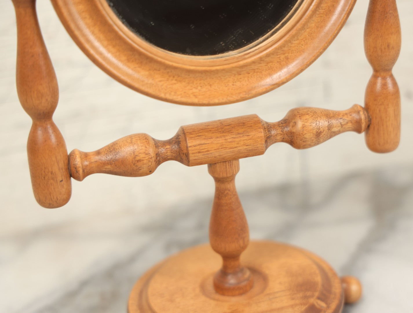 Lot 068 - Vintage Reproduction Wooden Shaving Mirror With Turned Details, "Exact Reproduction Of An Antique Mirror," Made By Mitton Baecheller, Jr., Circa 1984