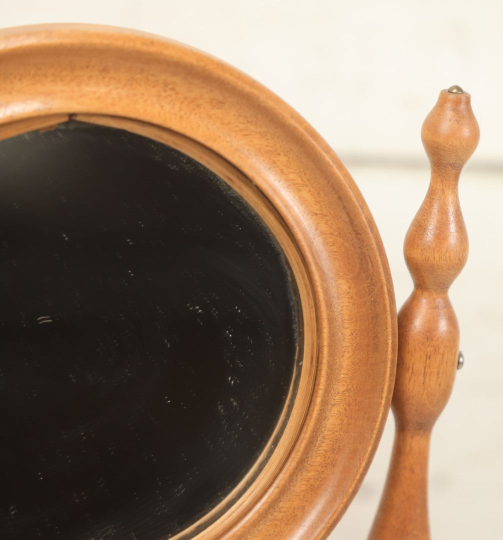 Lot 068 - Vintage Reproduction Wooden Shaving Mirror With Turned Details, "Exact Reproduction Of An Antique Mirror," Made By Mitton Baecheller, Jr., Circa 1984