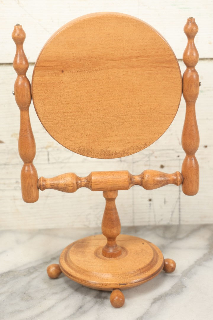 Lot 068 - Vintage Reproduction Wooden Shaving Mirror With Turned Details, "Exact Reproduction Of An Antique Mirror," Made By Mitton Baecheller, Jr., Circa 1984