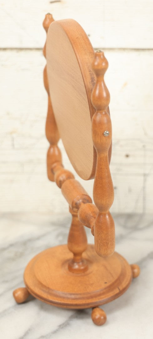 Lot 068 - Vintage Reproduction Wooden Shaving Mirror With Turned Details, "Exact Reproduction Of An Antique Mirror," Made By Mitton Baecheller, Jr., Circa 1984