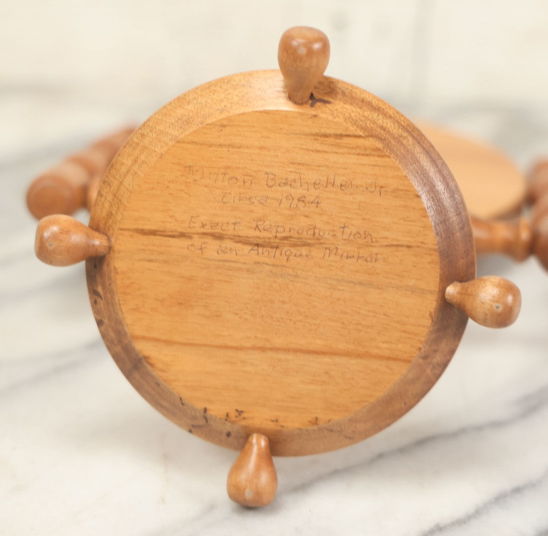 Lot 068 - Vintage Reproduction Wooden Shaving Mirror With Turned Details, "Exact Reproduction Of An Antique Mirror," Made By Mitton Baecheller, Jr., Circa 1984