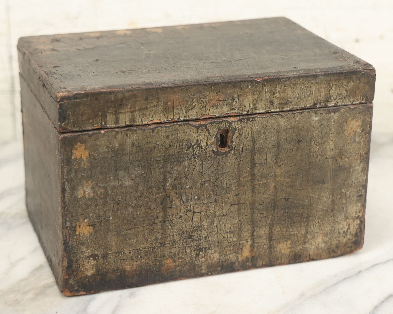 Lot 070 - Antique Lacquered Wooden Box With Original Surface, Remnants Of Old Paint, Hinged Lid
