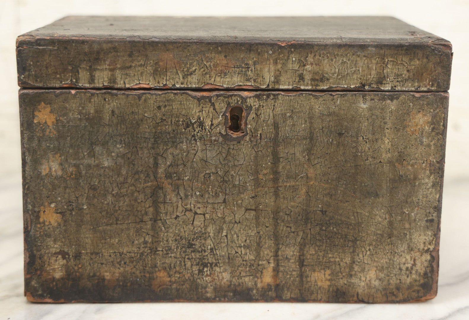 Lot 070 - Antique Lacquered Wooden Box With Original Surface, Remnants Of Old Paint, Hinged Lid
