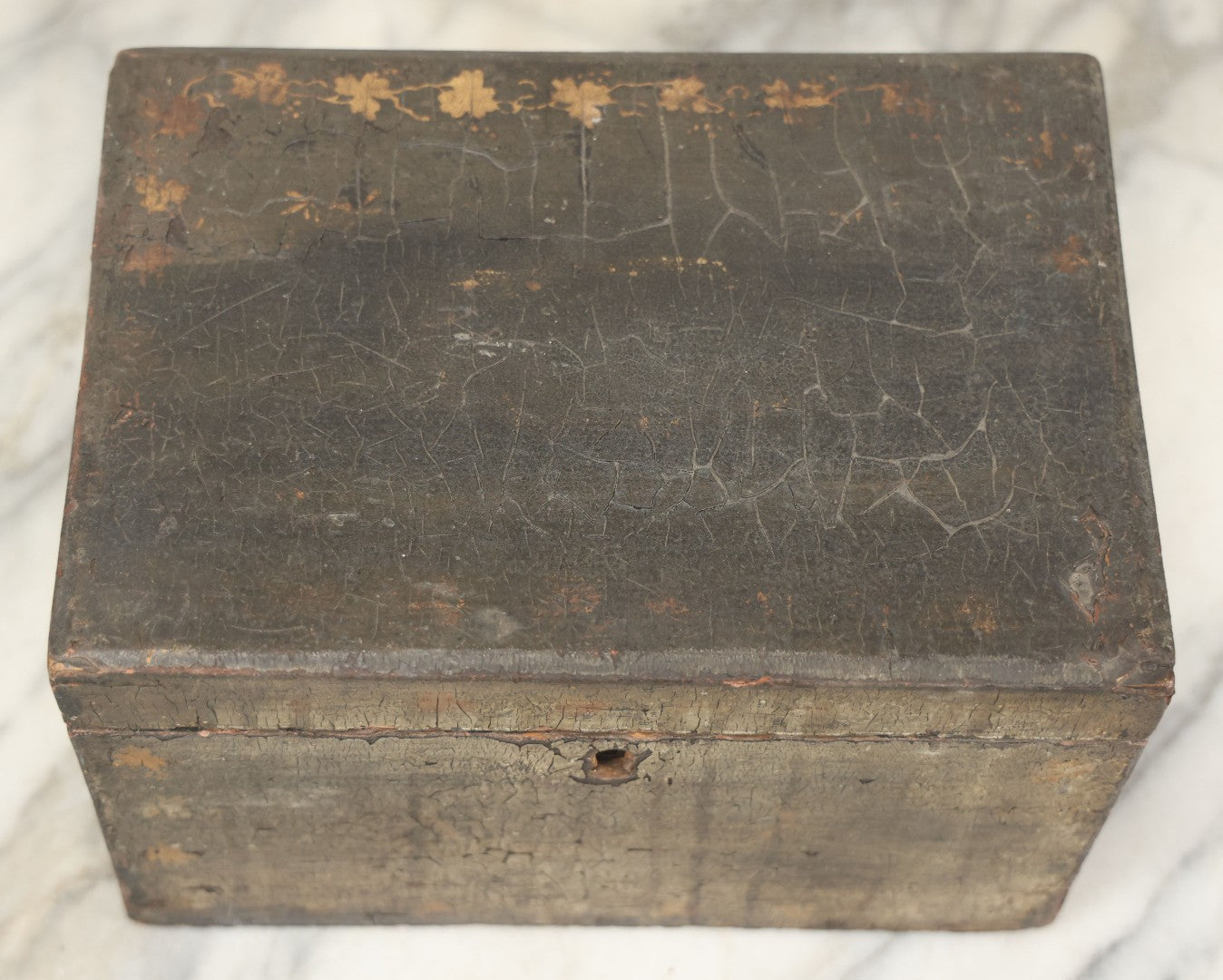 Lot 070 - Antique Lacquered Wooden Box With Original Surface, Remnants Of Old Paint, Hinged Lid