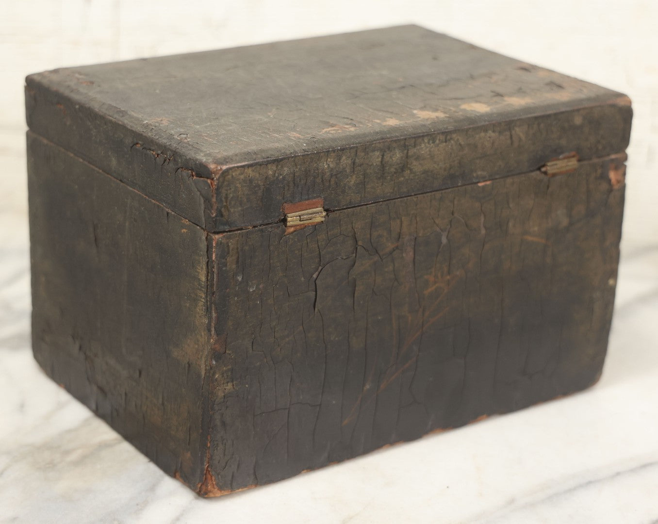 Lot 070 - Antique Lacquered Wooden Box With Original Surface, Remnants Of Old Paint, Hinged Lid