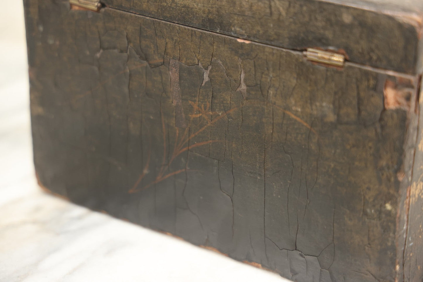 Lot 070 - Antique Lacquered Wooden Box With Original Surface, Remnants Of Old Paint, Hinged Lid