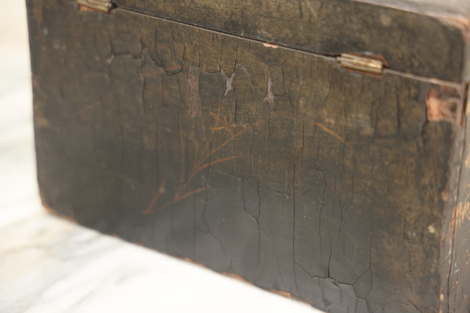 Lot 070 - Antique Lacquered Wooden Box With Original Surface, Remnants Of Old Paint, Hinged Lid