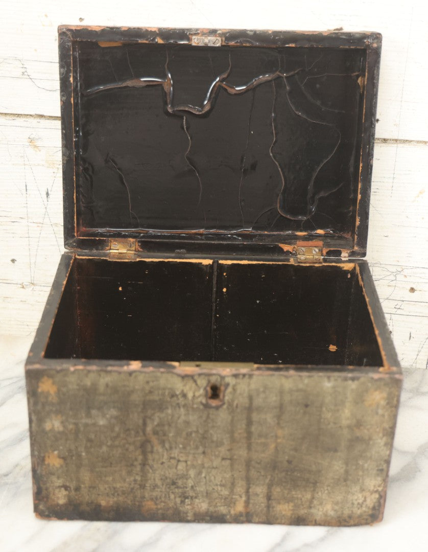 Lot 070 - Antique Lacquered Wooden Box With Original Surface, Remnants Of Old Paint, Hinged Lid