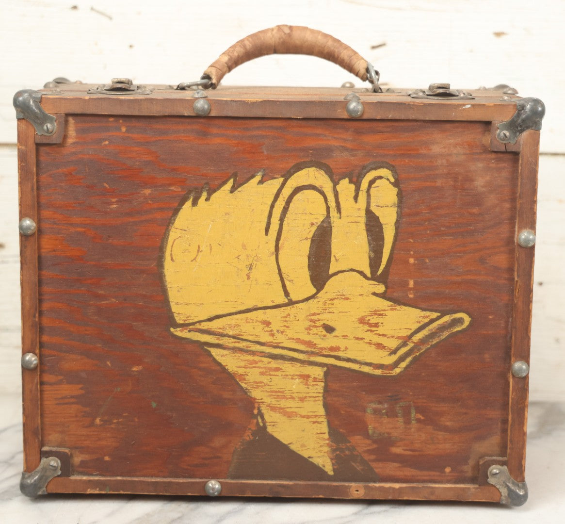 Lot 071 - Vintage Donald Duck Folk Art Painted Wooden Roller Skates Carrying Case With Handle, Circa 1950s New Jersey