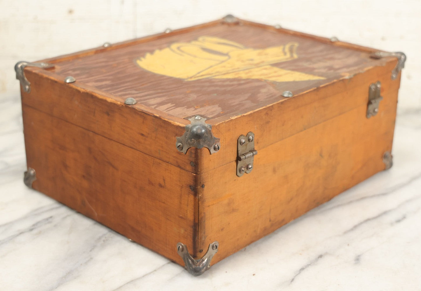 Lot 071 - Vintage Donald Duck Folk Art Painted Wooden Roller Skates Carrying Case With Handle, Circa 1950s New Jersey