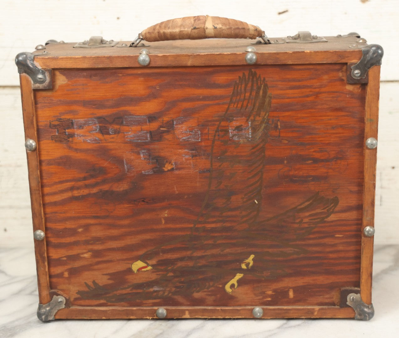 Lot 071 - Vintage Donald Duck Folk Art Painted Wooden Roller Skates Carrying Case With Handle, Circa 1950s New Jersey