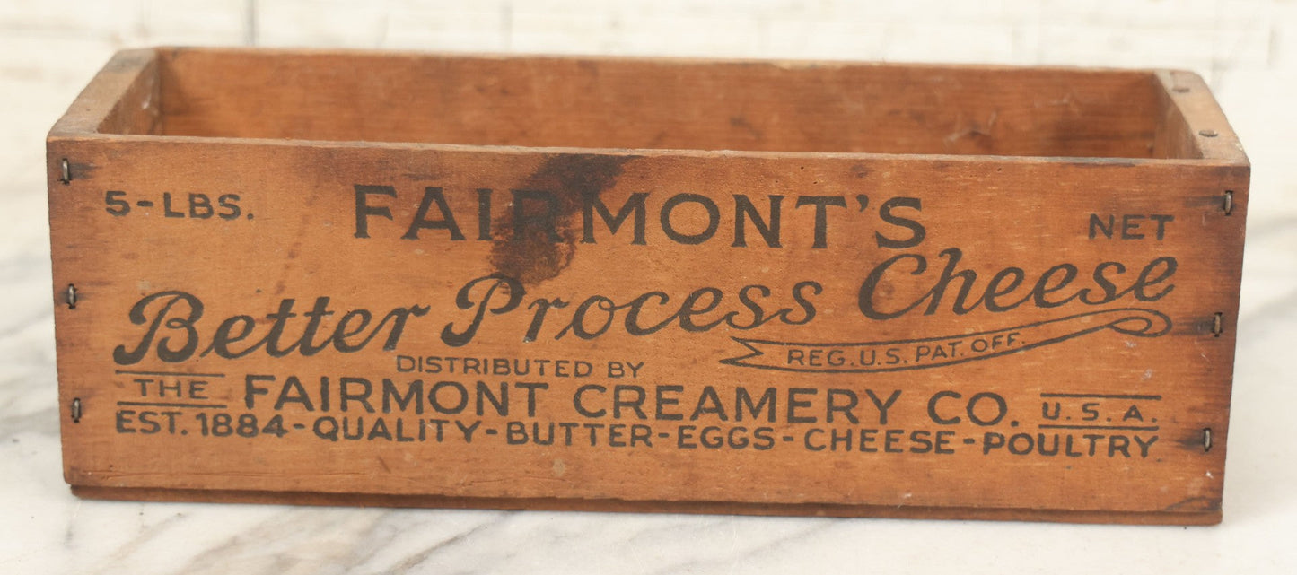 Lot 072 - Vintage Wooden Pasteurized American Cheese Box For Fairmont's Better Process Cheese, Distributed By The Fairmont Creamery Co., 5 Lb. Net Weight
