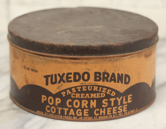 Lot 073 - Vintage Tin Lithograph Advertising Tin For Tuxedo Brand Pasteurized Creamed Popcorn Style Cottage Cheese, Manufactured By Edelstein Foods Inc., Brooklyn, New York, 5 Lb. Net Weight