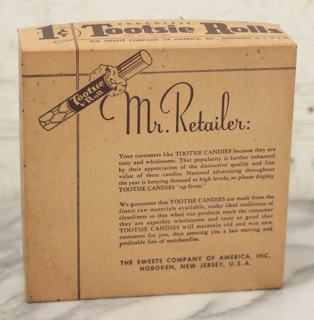Lot 076 - Vintage Pressboard Advertising Retail Store Display Box For Chocolate Tootsie Rolls, "A Delicious Chocolate Chewing Candy," 120 Count Capacity, 1C Price, Manufactured By The Sweets Company Of America, Inc., Hoboken, New Jersey,