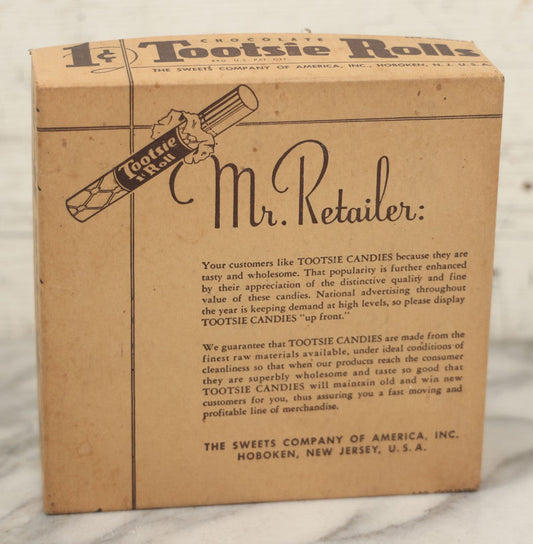 Lot 076 - Vintage Pressboard Advertising Retail Store Display Box For Chocolate Tootsie Rolls, "A Delicious Chocolate Chewing Candy," 120 Count Capacity, 1C Price, Manufactured By The Sweets Company Of America, Inc., Hoboken, New Jersey,