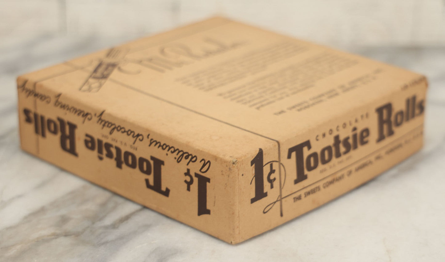 Lot 076 - Vintage Pressboard Advertising Retail Store Display Box For Chocolate Tootsie Rolls, "A Delicious Chocolate Chewing Candy," 120 Count Capacity, 1C Price, Manufactured By The Sweets Company Of America, Inc., Hoboken, New Jersey,