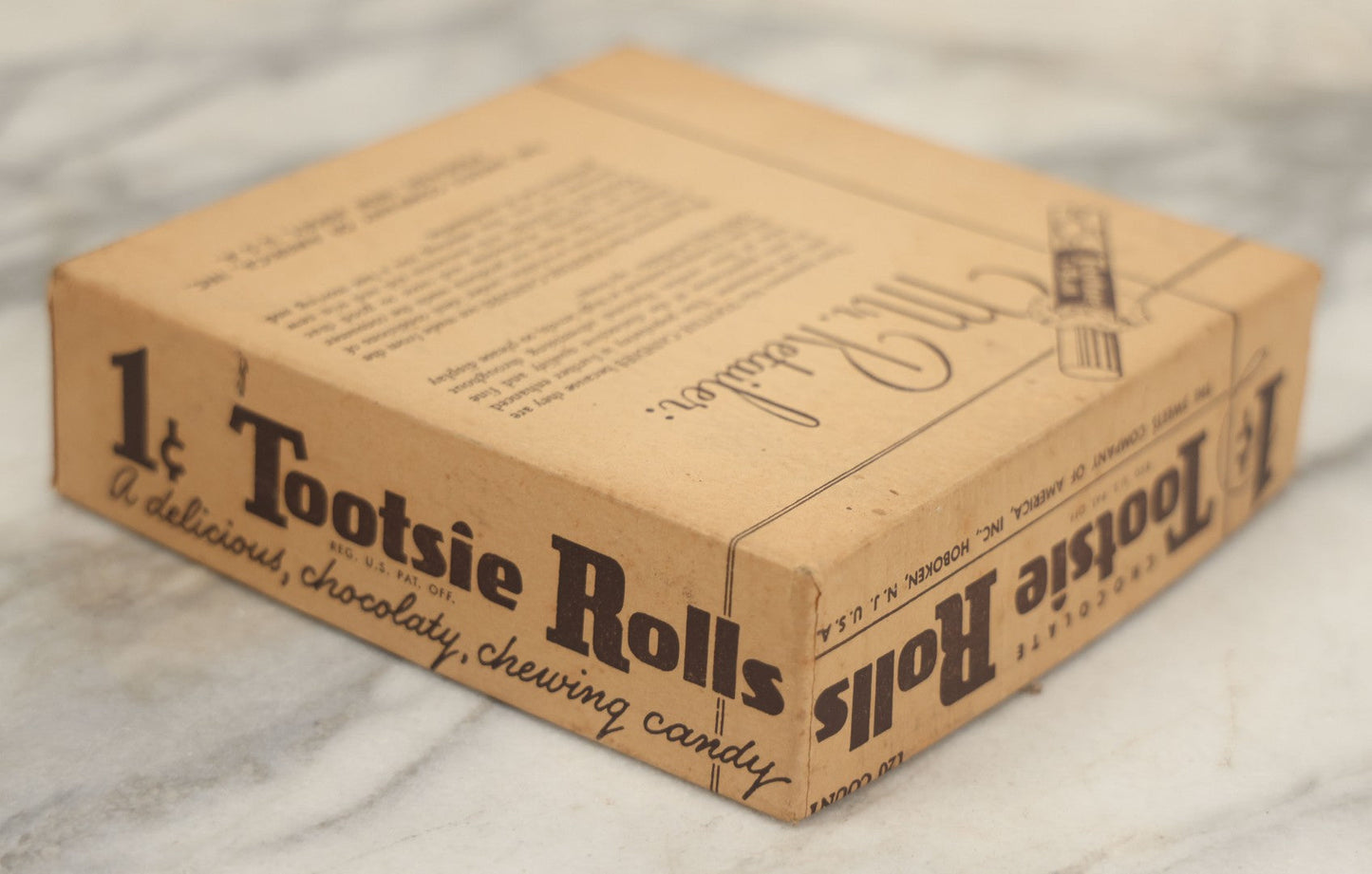 Lot 076 - Vintage Pressboard Advertising Retail Store Display Box For Chocolate Tootsie Rolls, "A Delicious Chocolate Chewing Candy," 120 Count Capacity, 1C Price, Manufactured By The Sweets Company Of America, Inc., Hoboken, New Jersey,
