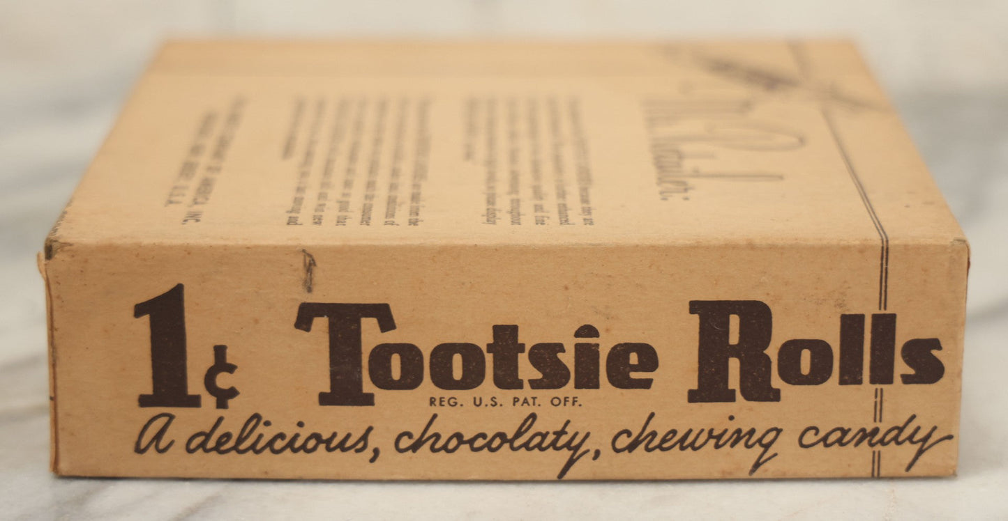 Lot 076 - Vintage Pressboard Advertising Retail Store Display Box For Chocolate Tootsie Rolls, "A Delicious Chocolate Chewing Candy," 120 Count Capacity, 1C Price, Manufactured By The Sweets Company Of America, Inc., Hoboken, New Jersey,