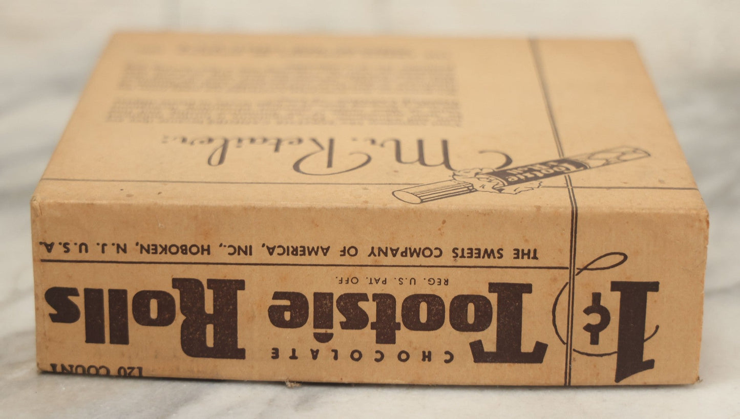 Lot 076 - Vintage Pressboard Advertising Retail Store Display Box For Chocolate Tootsie Rolls, "A Delicious Chocolate Chewing Candy," 120 Count Capacity, 1C Price, Manufactured By The Sweets Company Of America, Inc., Hoboken, New Jersey,