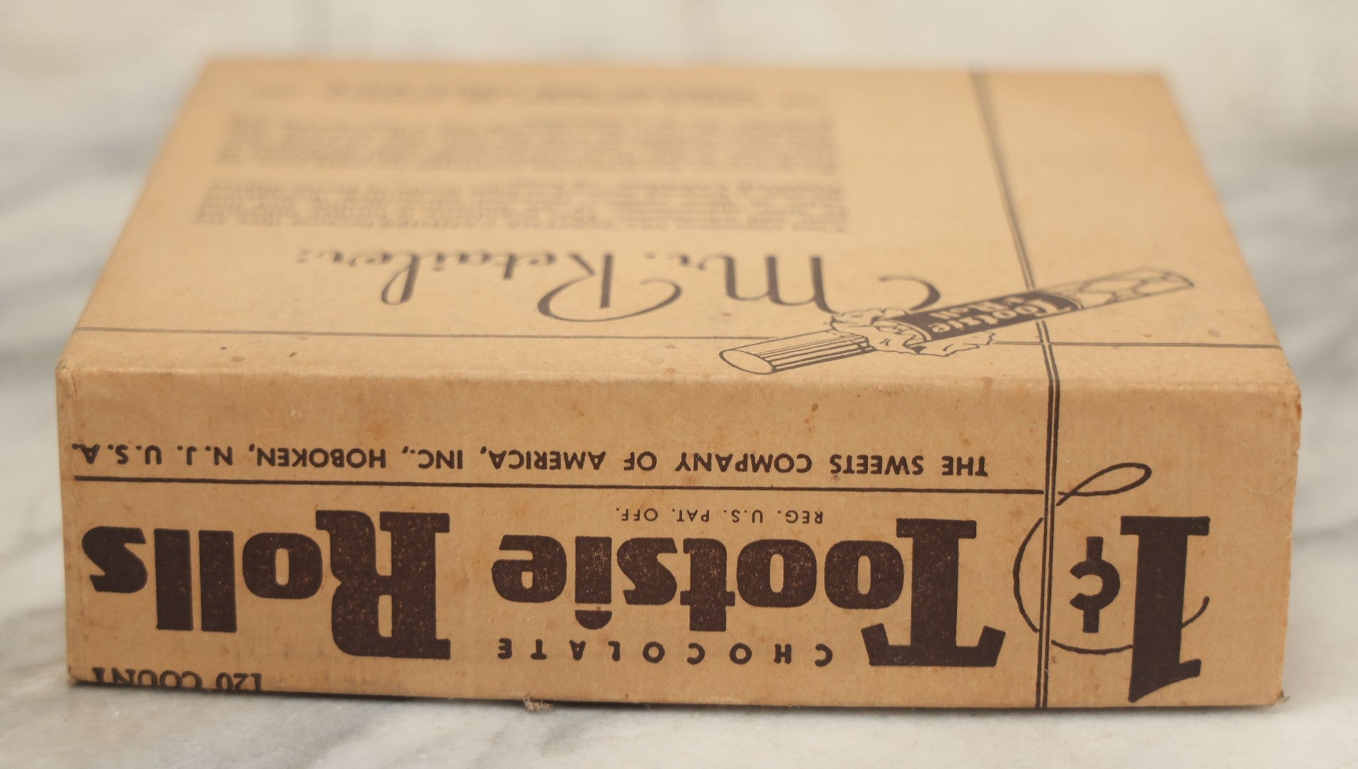 Lot 076 - Vintage Pressboard Advertising Retail Store Display Box For Chocolate Tootsie Rolls, "A Delicious Chocolate Chewing Candy," 120 Count Capacity, 1C Price, Manufactured By The Sweets Company Of America, Inc., Hoboken, New Jersey,