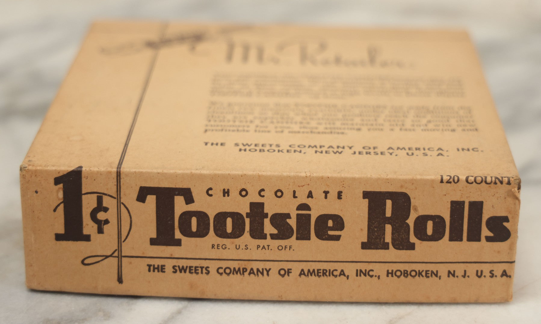 Lot 076 - Vintage Pressboard Advertising Retail Store Display Box For Chocolate Tootsie Rolls, "A Delicious Chocolate Chewing Candy," 120 Count Capacity, 1C Price, Manufactured By The Sweets Company Of America, Inc., Hoboken, New Jersey,