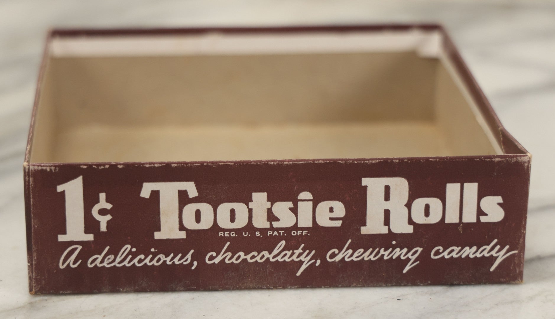 Lot 076 - Vintage Pressboard Advertising Retail Store Display Box For Chocolate Tootsie Rolls, "A Delicious Chocolate Chewing Candy," 120 Count Capacity, 1C Price, Manufactured By The Sweets Company Of America, Inc., Hoboken, New Jersey,