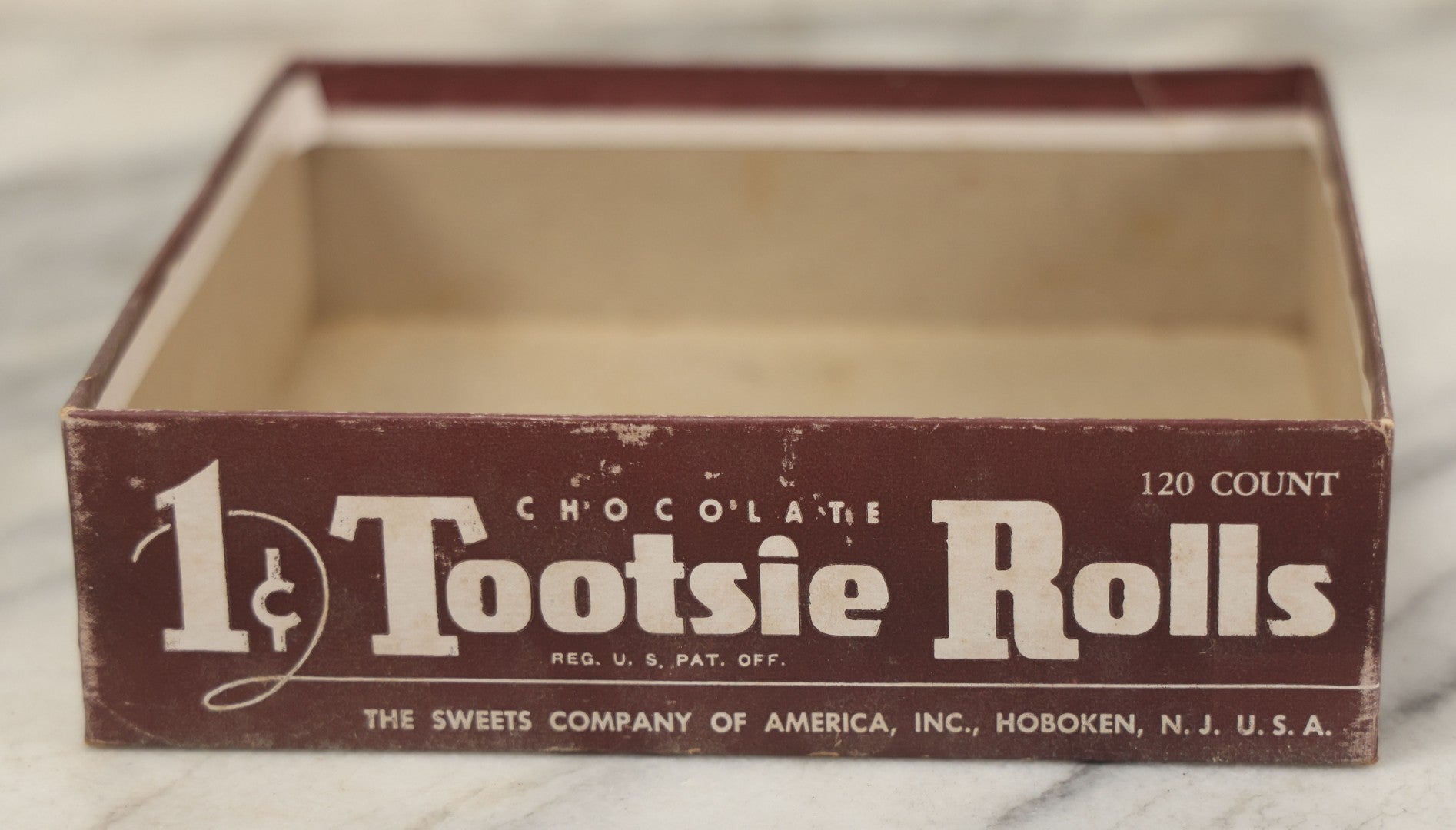 Lot 076 - Vintage Pressboard Advertising Retail Store Display Box For Chocolate Tootsie Rolls, "A Delicious Chocolate Chewing Candy," 120 Count Capacity, 1C Price, Manufactured By The Sweets Company Of America, Inc., Hoboken, New Jersey,