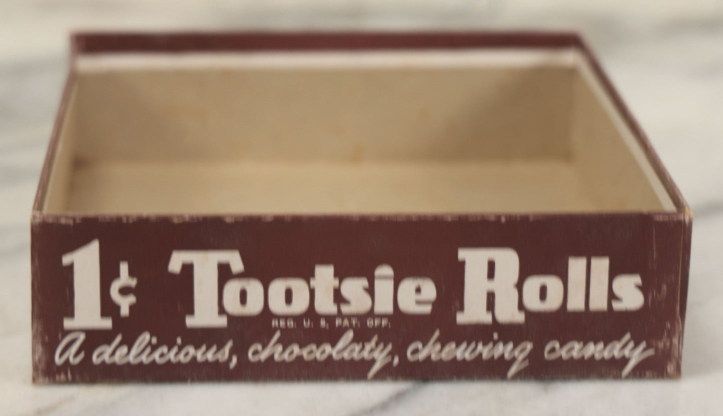 Lot 076 - Vintage Pressboard Advertising Retail Store Display Box For Chocolate Tootsie Rolls, "A Delicious Chocolate Chewing Candy," 120 Count Capacity, 1C Price, Manufactured By The Sweets Company Of America, Inc., Hoboken, New Jersey,