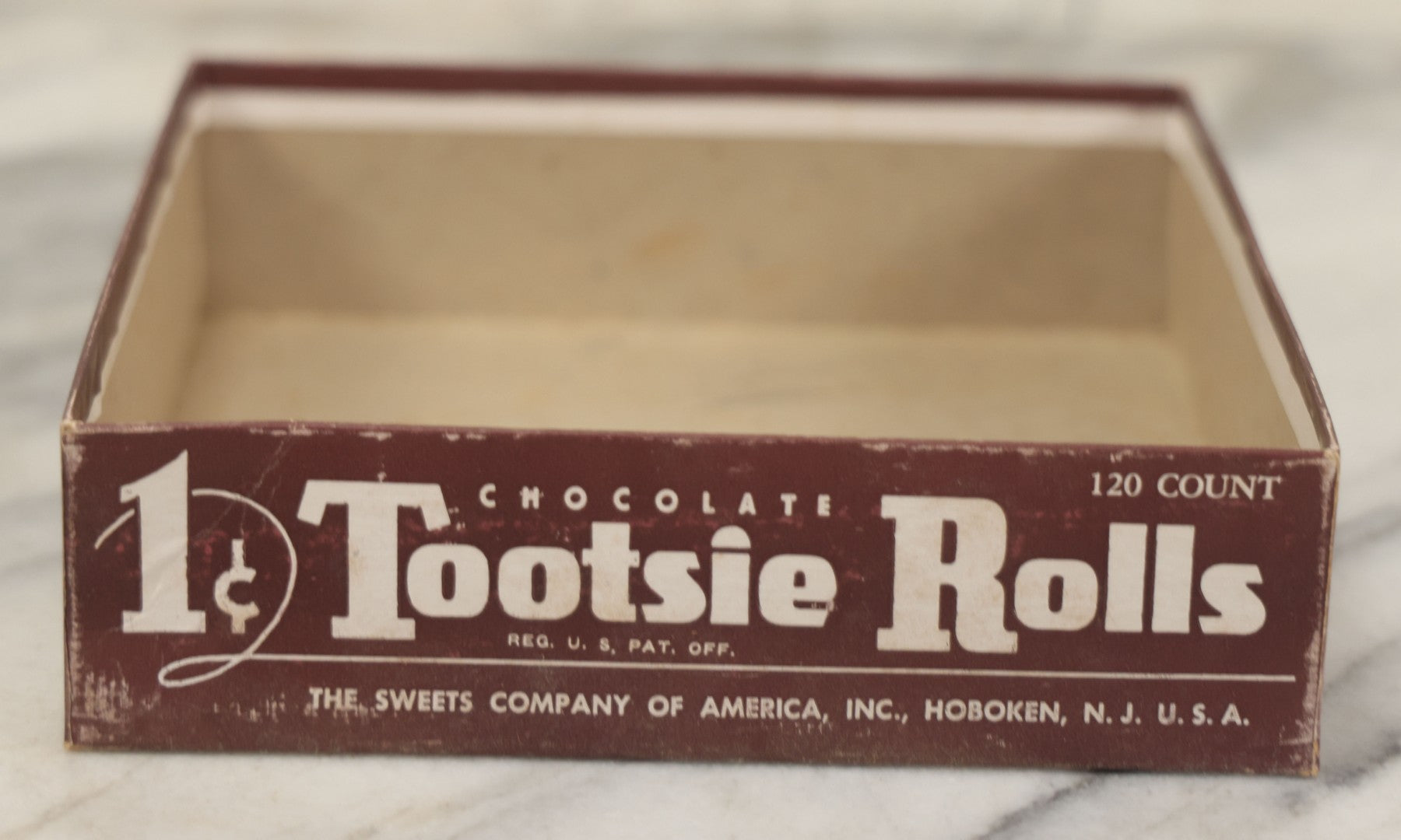 Lot 076 - Vintage Pressboard Advertising Retail Store Display Box For Chocolate Tootsie Rolls, "A Delicious Chocolate Chewing Candy," 120 Count Capacity, 1C Price, Manufactured By The Sweets Company Of America, Inc., Hoboken, New Jersey,