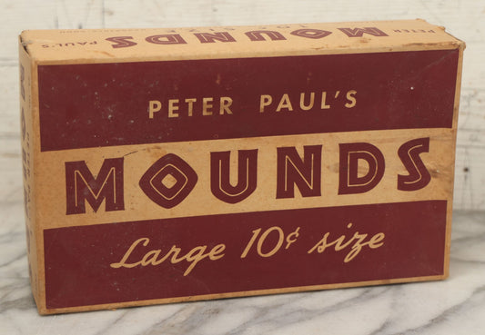 Lot 077 - Vintage Pressboard Advertising Retail Store Display Box For Peter Paul's Mounds, 24 Count Capacity, Large 10C Size, Manufactured By Peter Paul, Inc., Dallas, Texas
