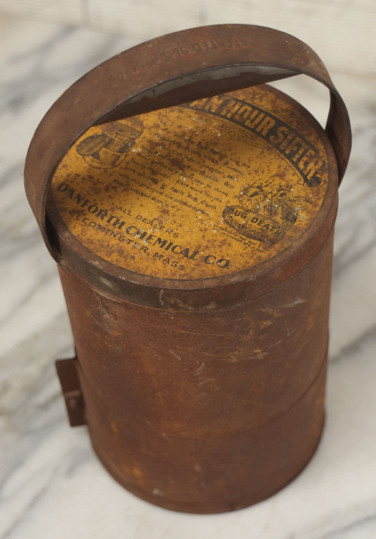 Lot 079 - Antique "Bug Death" Tin Metal "Acre An Hour" Sifter, Patented 1909, Danforth Chemical Co., Leominster, Massachusetts