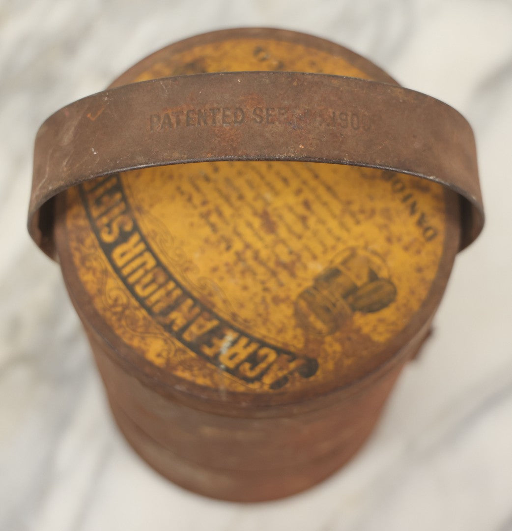 Lot 079 - Antique "Bug Death" Tin Metal "Acre An Hour" Sifter, Patented 1909, Danforth Chemical Co., Leominster, Massachusetts