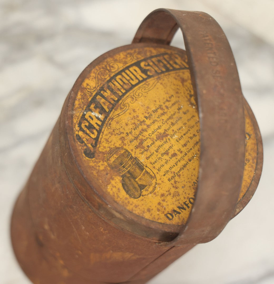 Lot 079 - Antique "Bug Death" Tin Metal "Acre An Hour" Sifter, Patented 1909, Danforth Chemical Co., Leominster, Massachusetts
